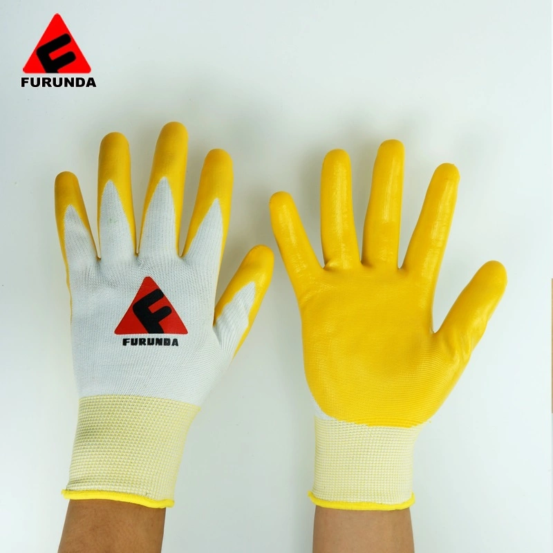 13 Gauge Smooth Nitrile Coated Work Safety Gloves in Yellow