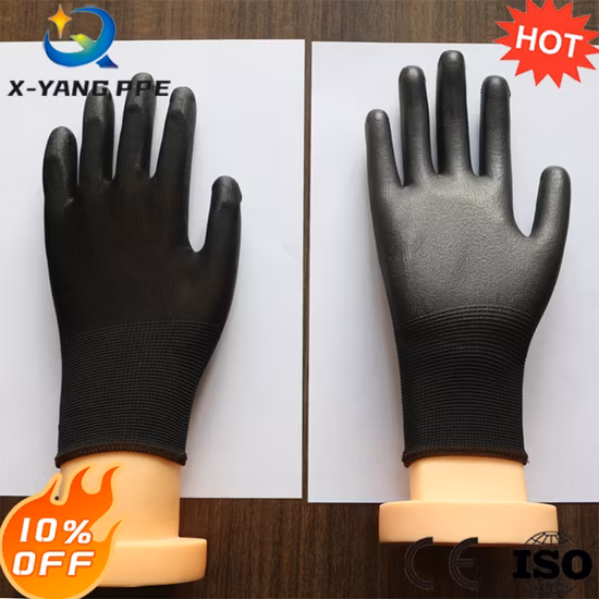 DMF Less 500 Wear-Resistant Level3 Black Polyester PU (Polyurethane) Coated Work Industrial Labor Safety Protective Working Gloves for Grande / Construction