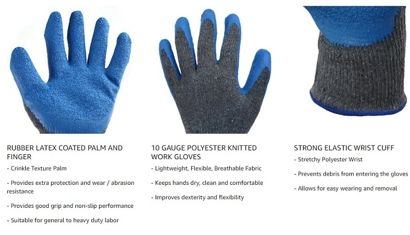 10 Gauge Knit Cotton Glove Crinkle Latex Coated Safety Work Gloves for Garden Construction