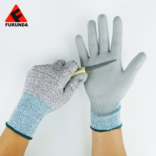 4X43c Anti-Cut Level 5 Hppe Liner PU Coated Safety Work Gloves
