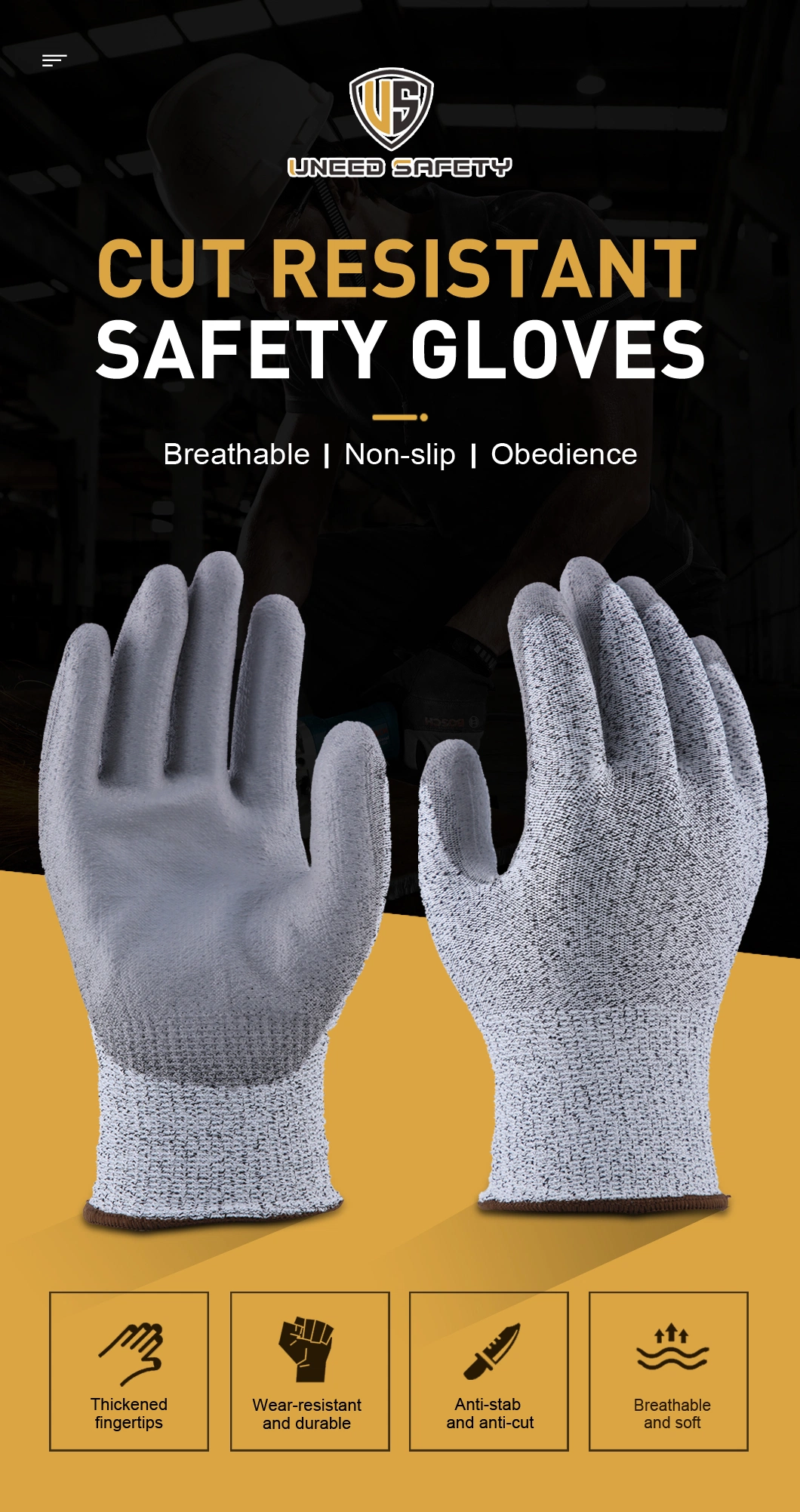 En388 13G Seamless Industrial Working Safety PU Cut Proof Resistant Labor Hand Protection Glove with CE