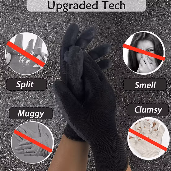 DMF Less 500 Wear-Resistant Level3 Black Polyester PU (Polyurethane) Coated Work Industrial Labor Safety Protective Working Gloves for Grande / Construction